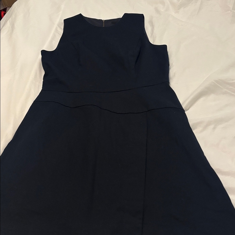 Cue Navy Mini shift Dress SZ 10 cotton stretch belt loop minimalist career wear - Picture 6 of 15